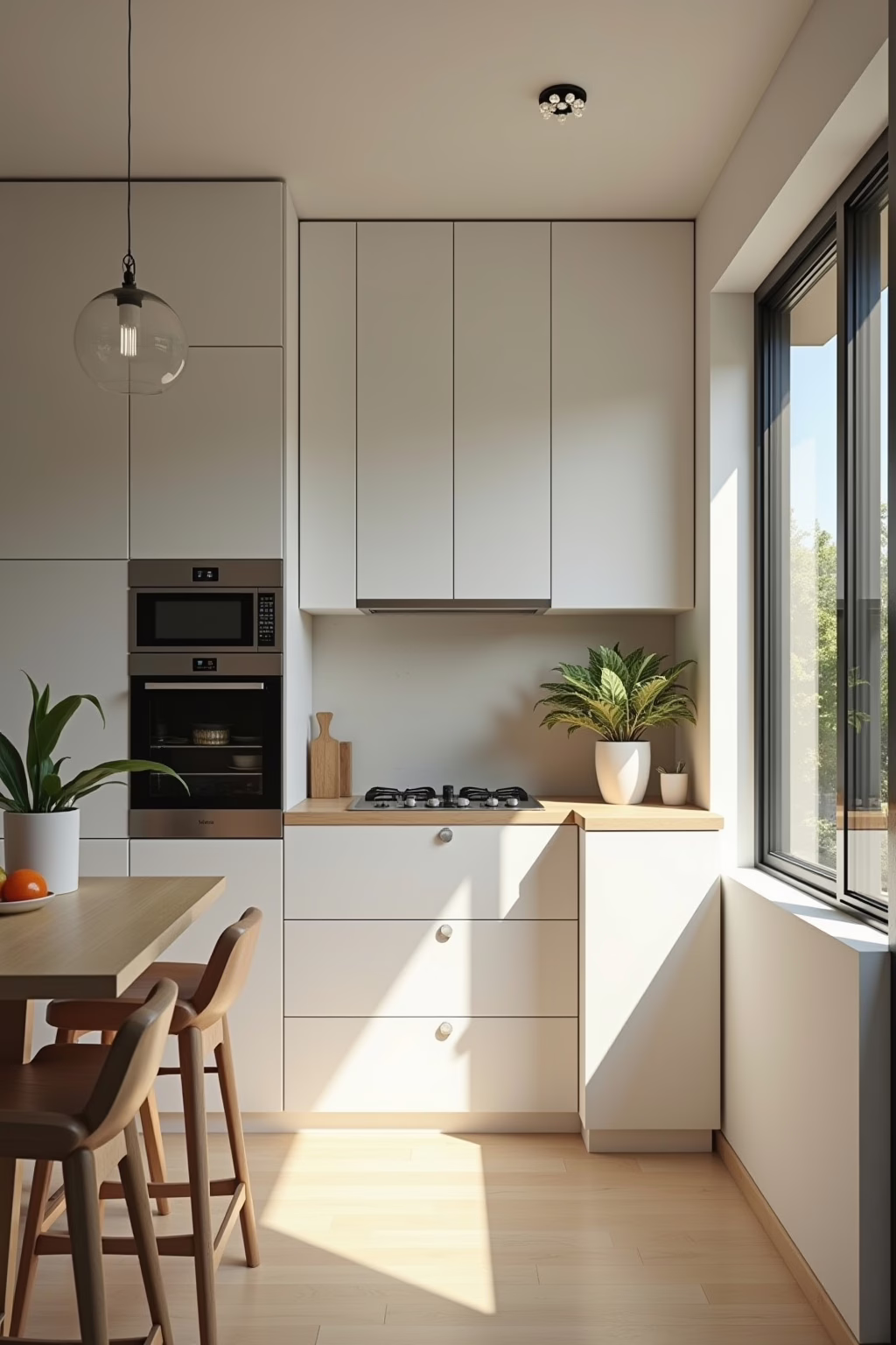 Kleine Küche mit vertikalen Stauraumlösungen: Hochschränke bis zur Decke und magnetische Gewürzhalter an der Wand