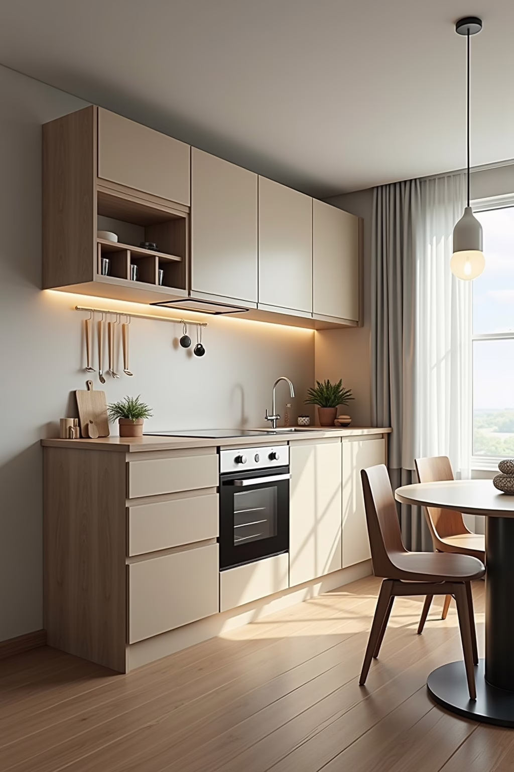 Ausklappbarer Esstisch an der Wand einer kleinen Küche – platzsparende Lösung für Essen und Arbeiten