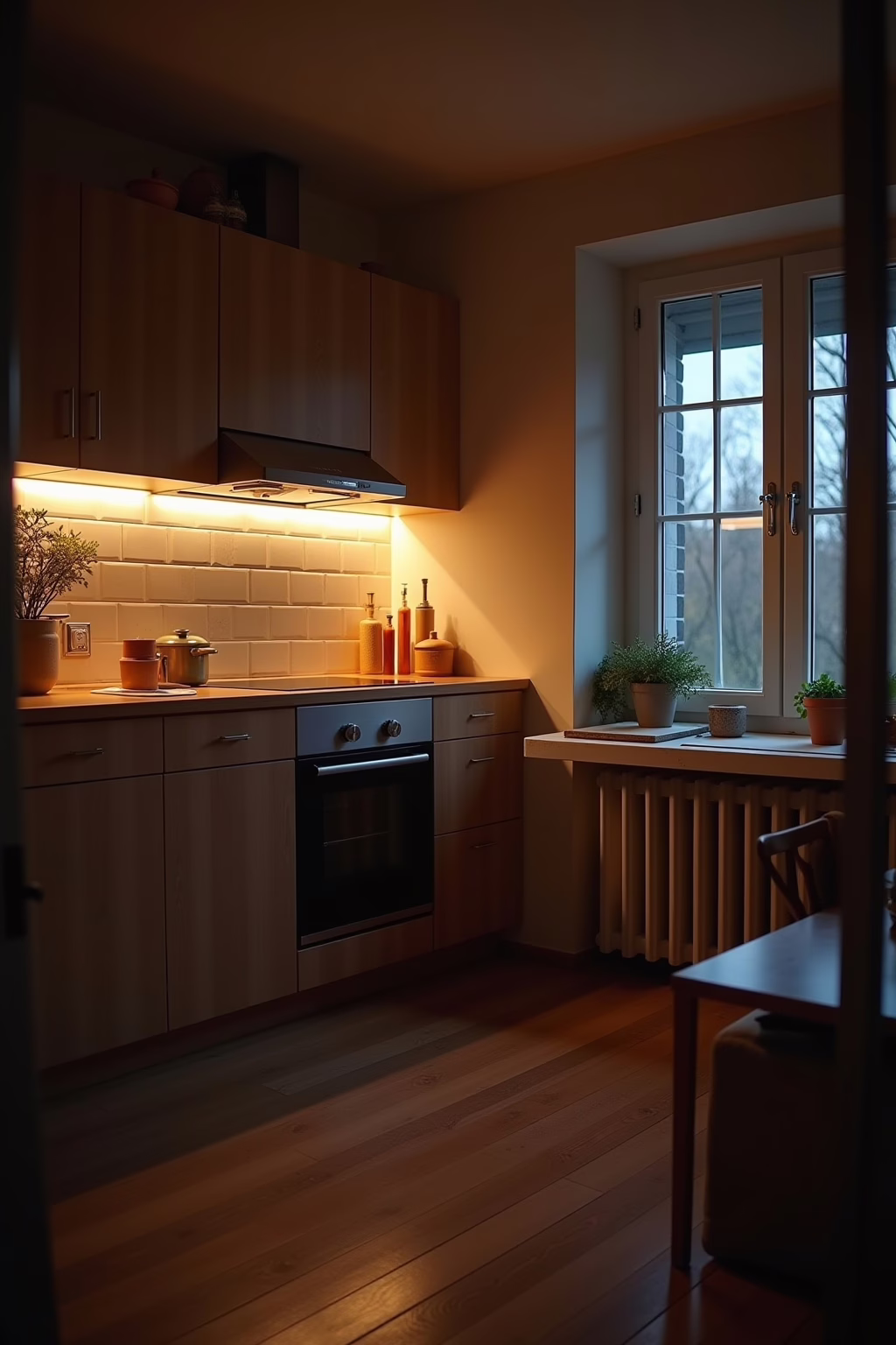 Indirekte LED-Beleuchtung unter Hängeschränken und Pendelleuchten über der Arbeitsplatte in einer kleinen Küche