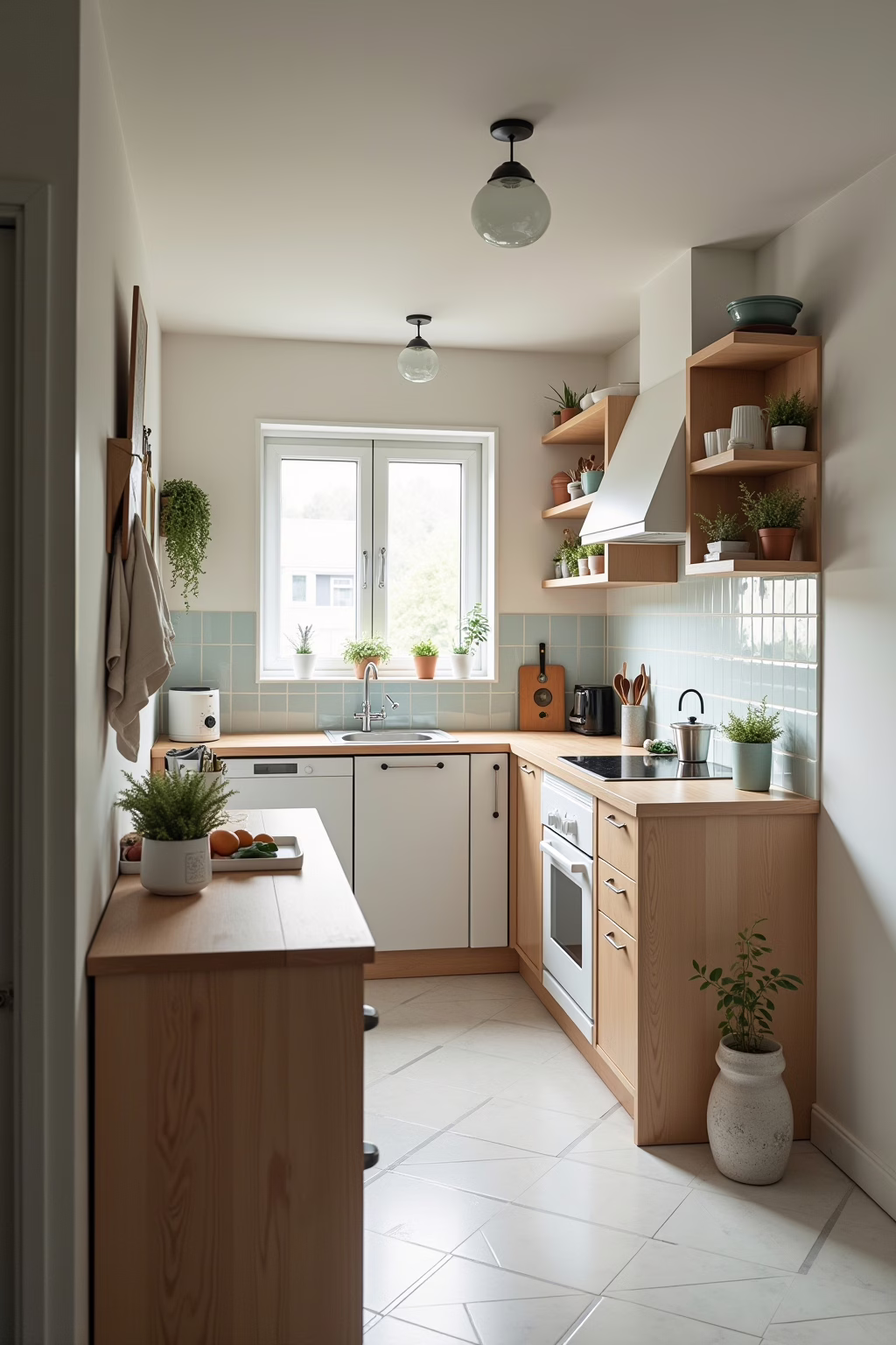 Kreativ gestaltete kleine Küche mit aufgearbeiteten Vintage-Elementen und DIY-Rückwand aus Fliesenaufklebern