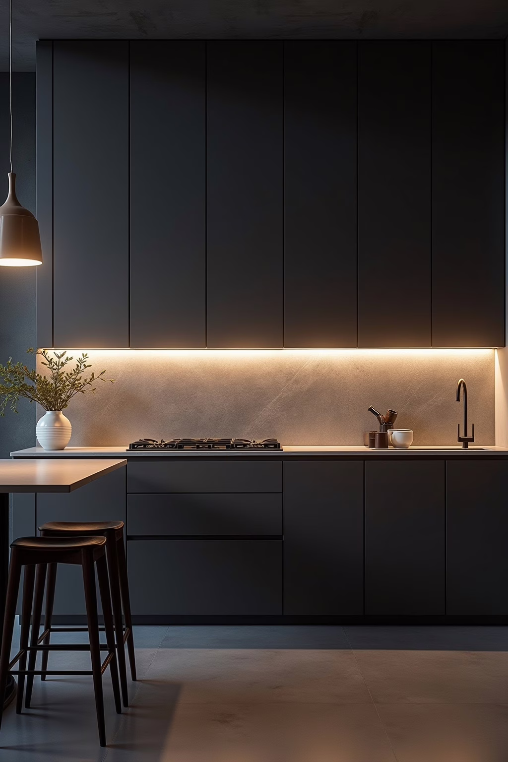 Moderne Küchenrückwand aus Glas mit LED-Beleuchtung in einer weißen Küche – Beispiel für coole Ideen Küchenrückwand Ideen 2026