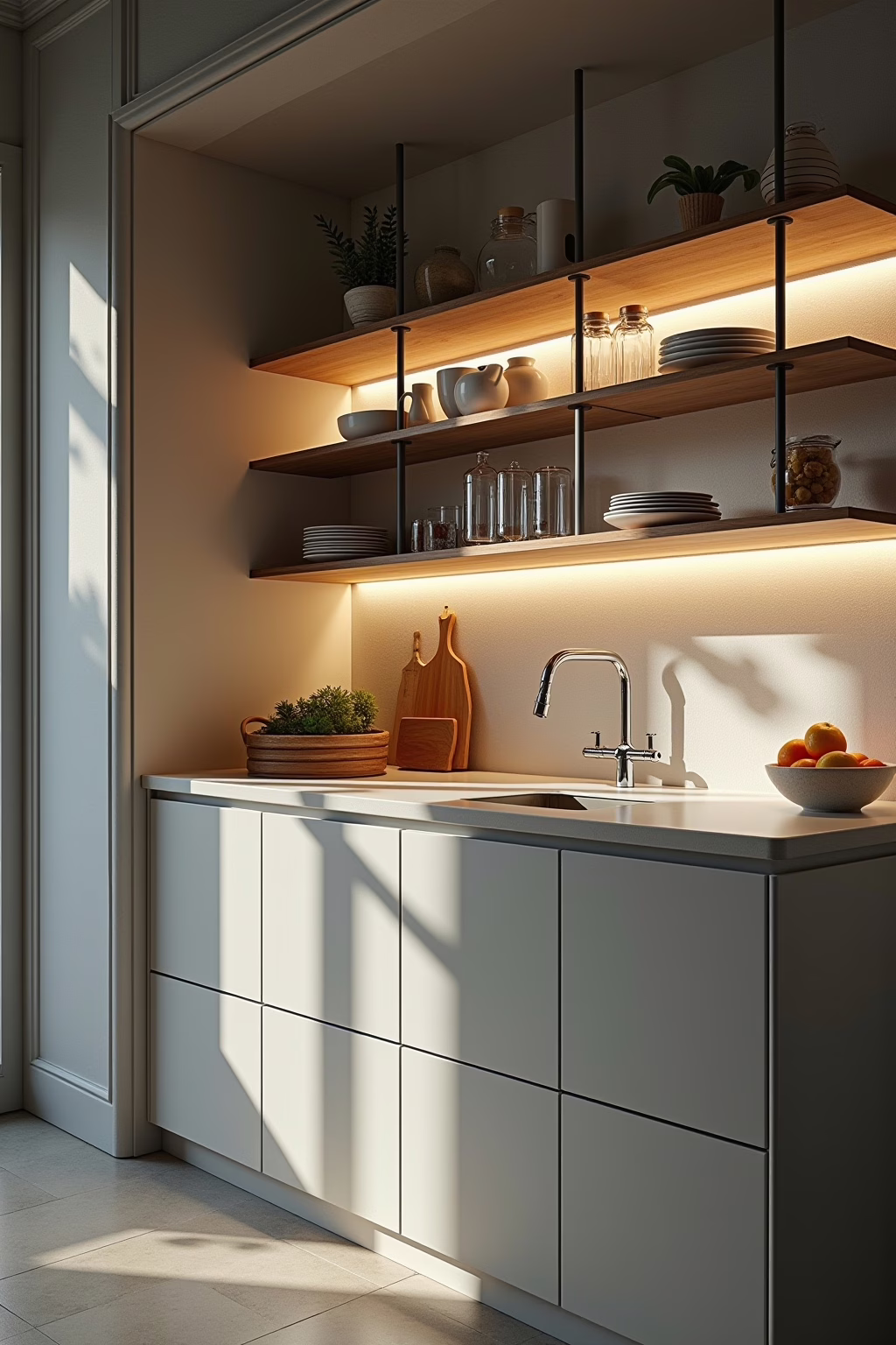 Die 8 kreativsten Ideen Regal Küche für mehr Stauraum 19 Modernes Küchenregal mit LED-Beleuchtung und funktionalen Ergänzungen