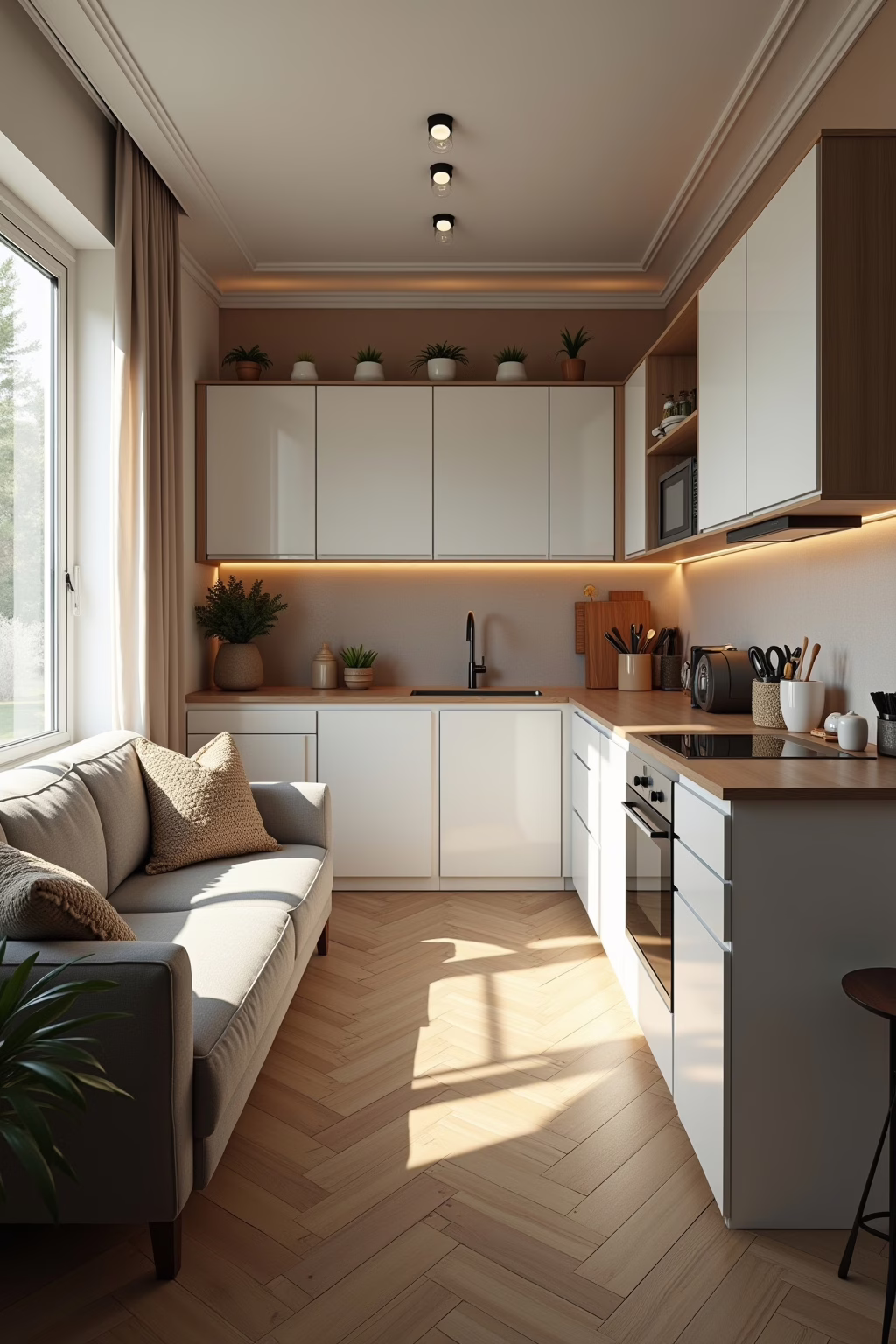 Planungsschritte für eine kleine Wohnküche mit Sofa