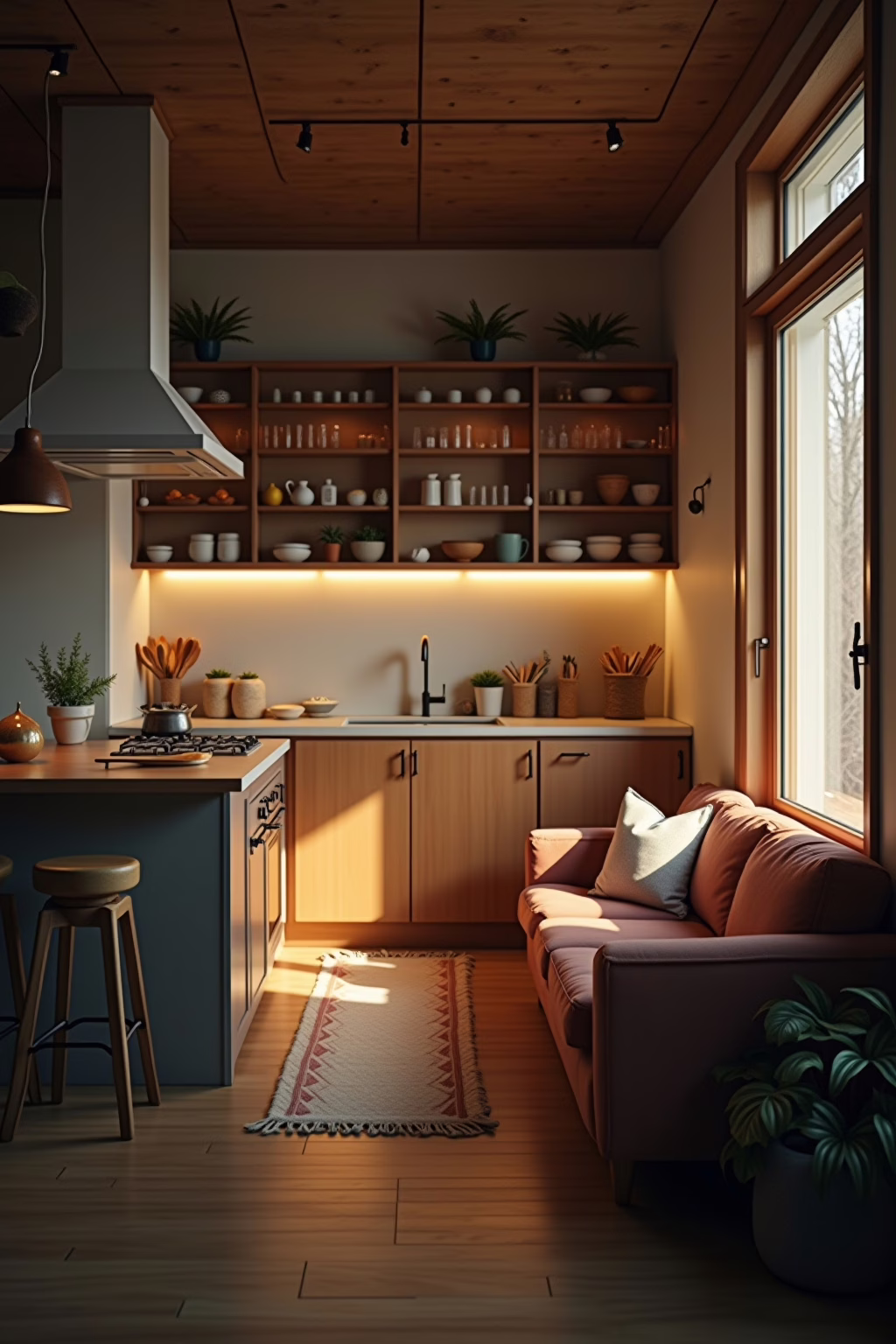 Beleuchtungskonzepte für kleine Wohnküchen mit Sofa