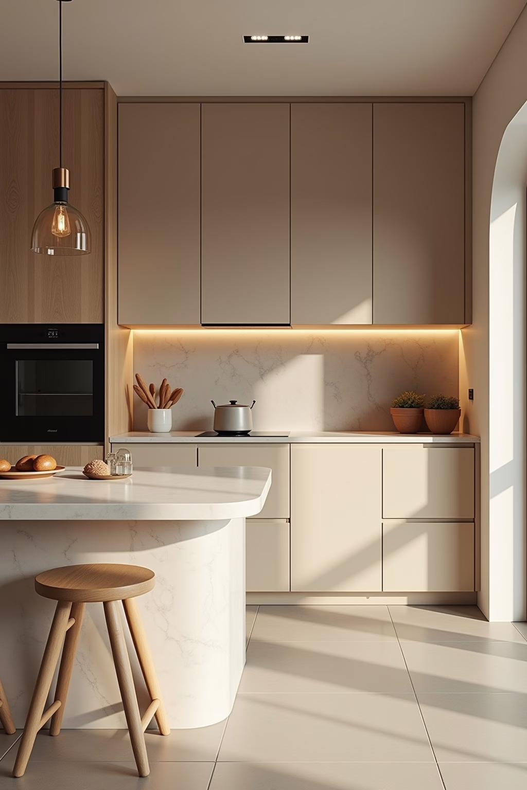 Küche beige matt mit Holz Beispiel
