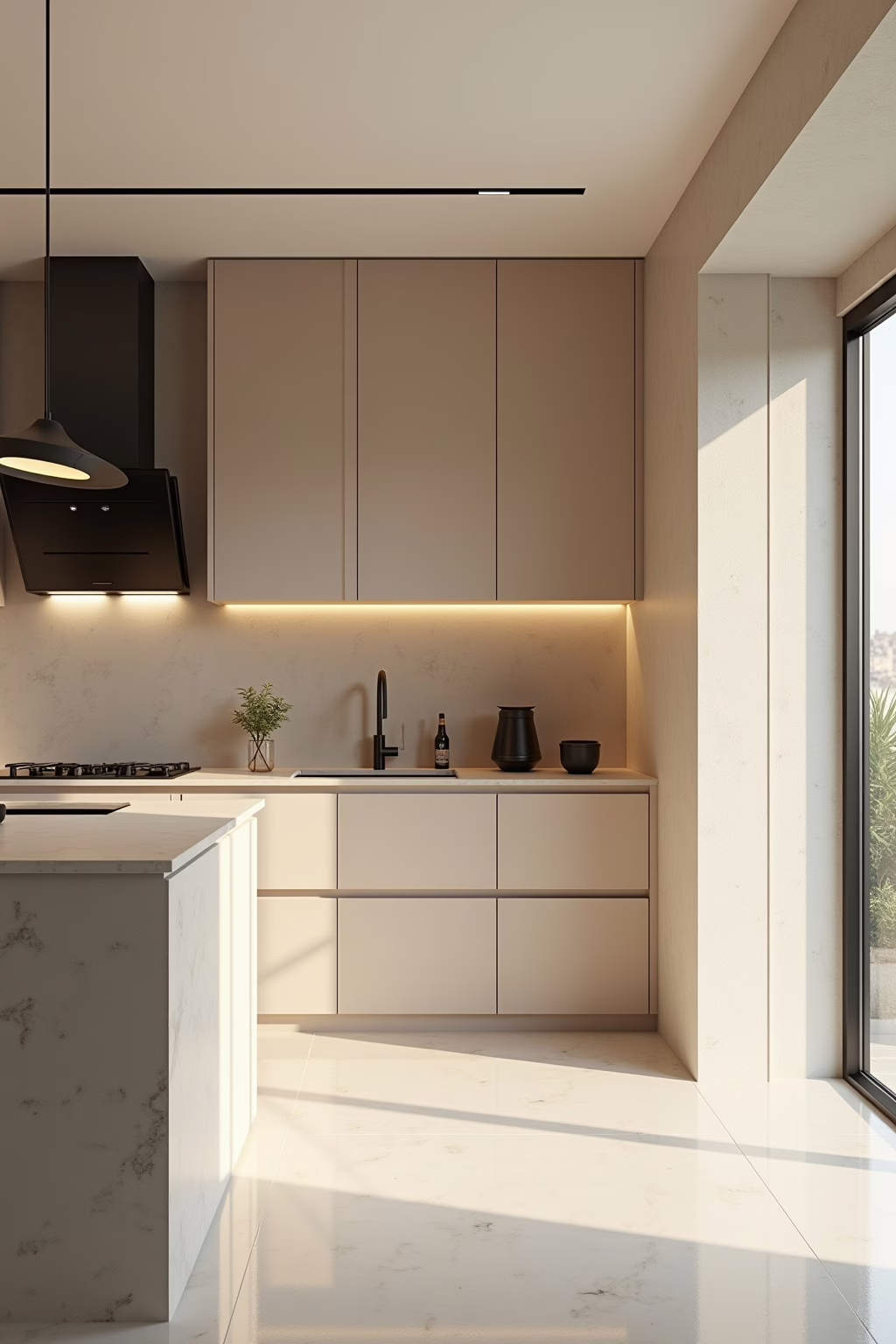 Küche beige modern mit eleganten Fronten
