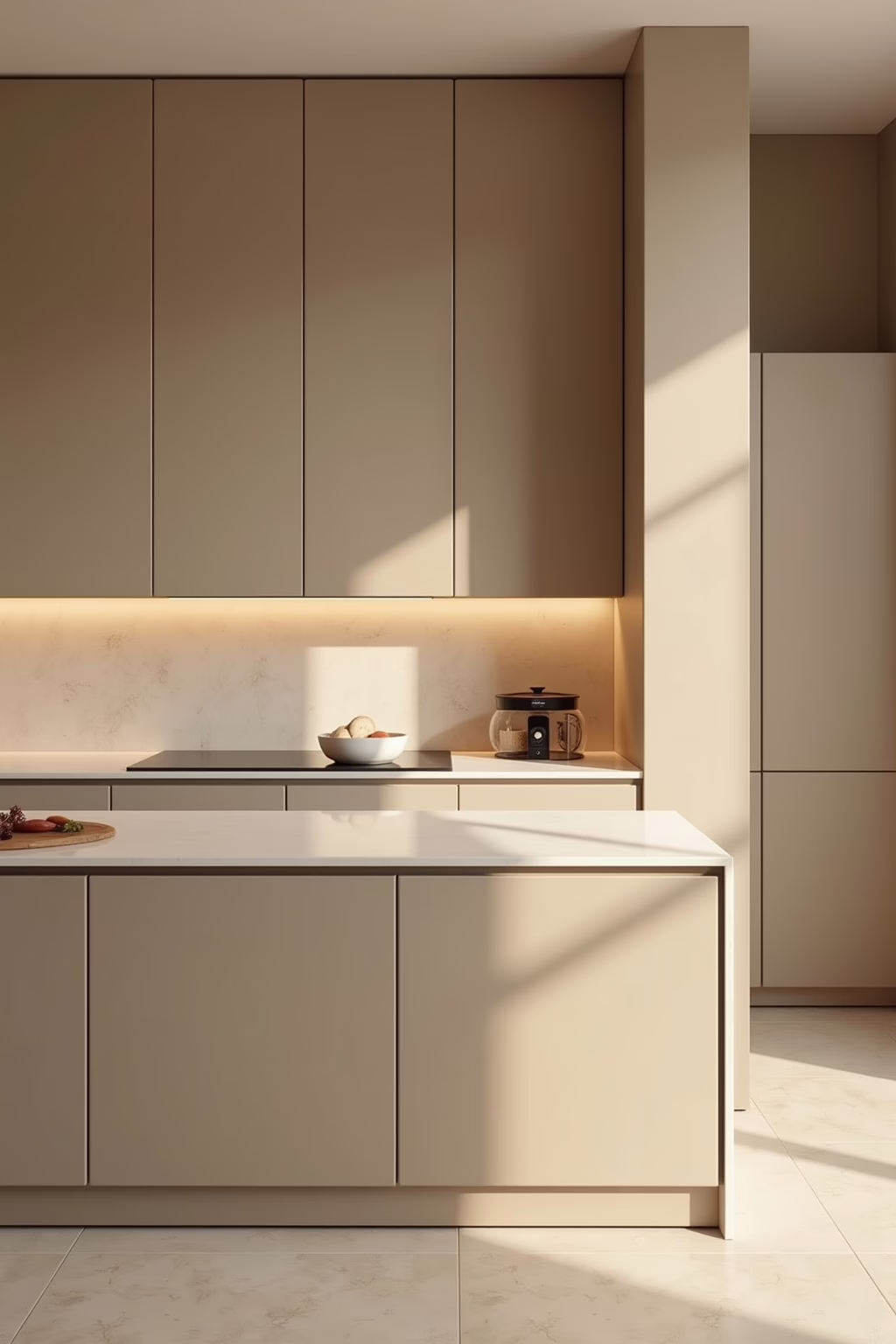 Moderne beige Küche mit Holzelementen