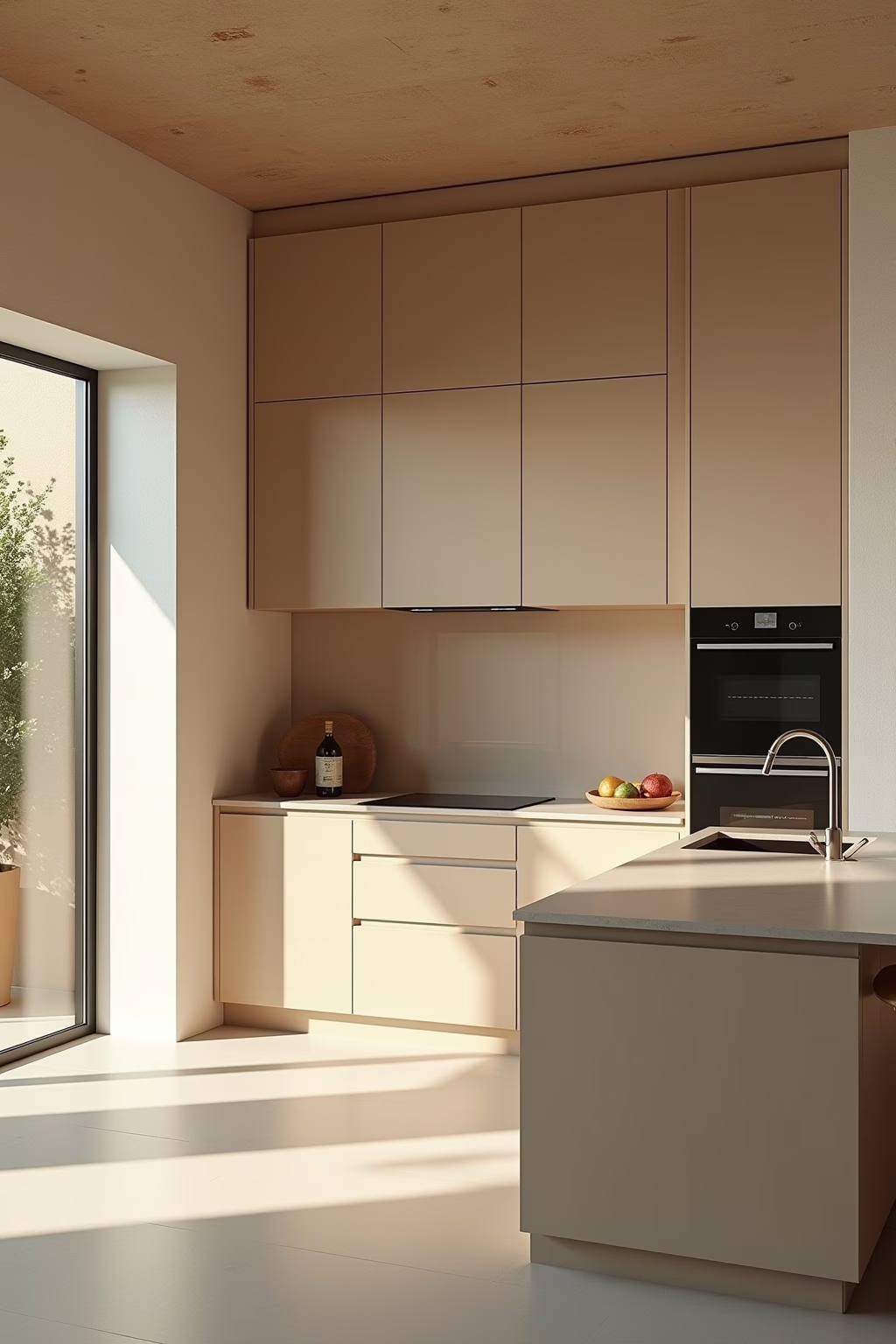 Nachhaltige beige Küche mit natürlichen Materialien