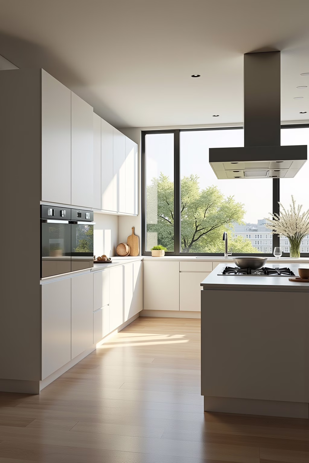 U-Form Küche mit Spüle unter dem Fenster und Hochschrankwand