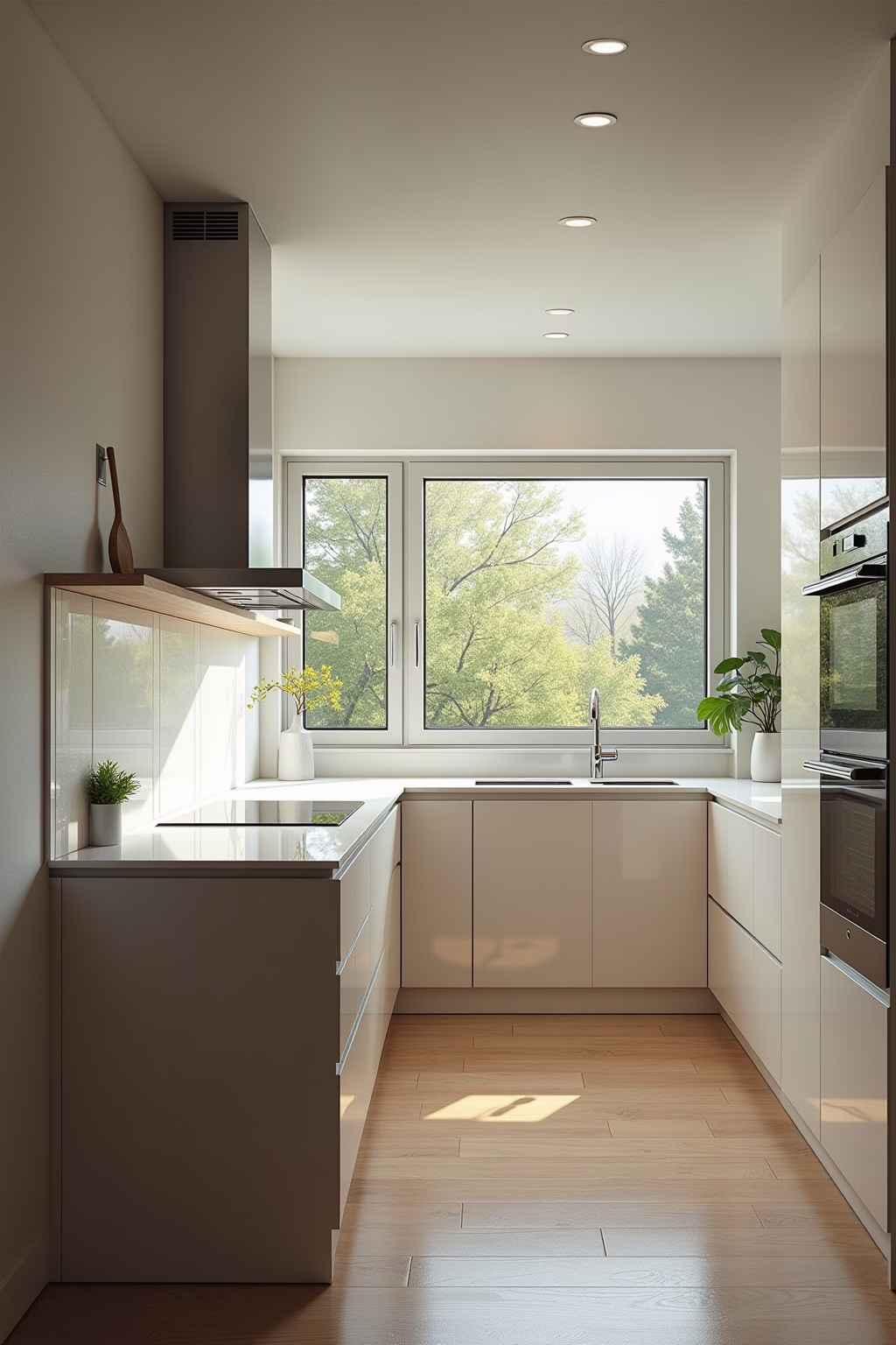 U-Form Küche mit Eckfenster über zwei Wände