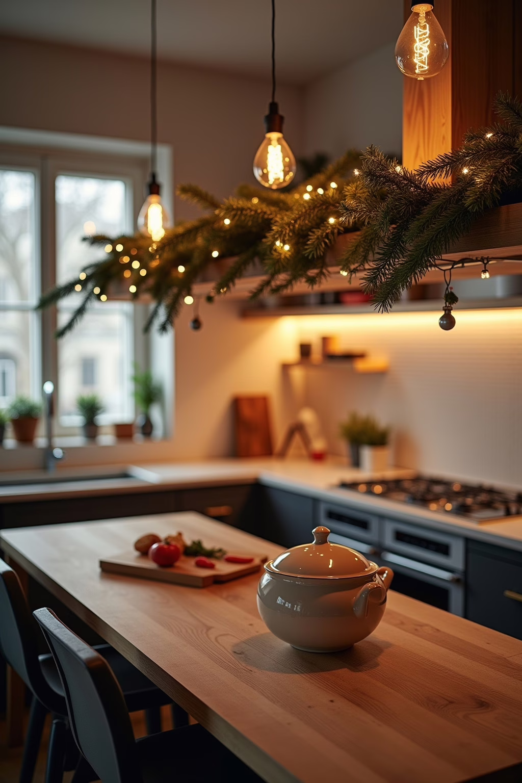 Küche weihnachtlich dekorieren – Fensterbank mit LED-Kerzen und Miniatur-Winterlandschaft