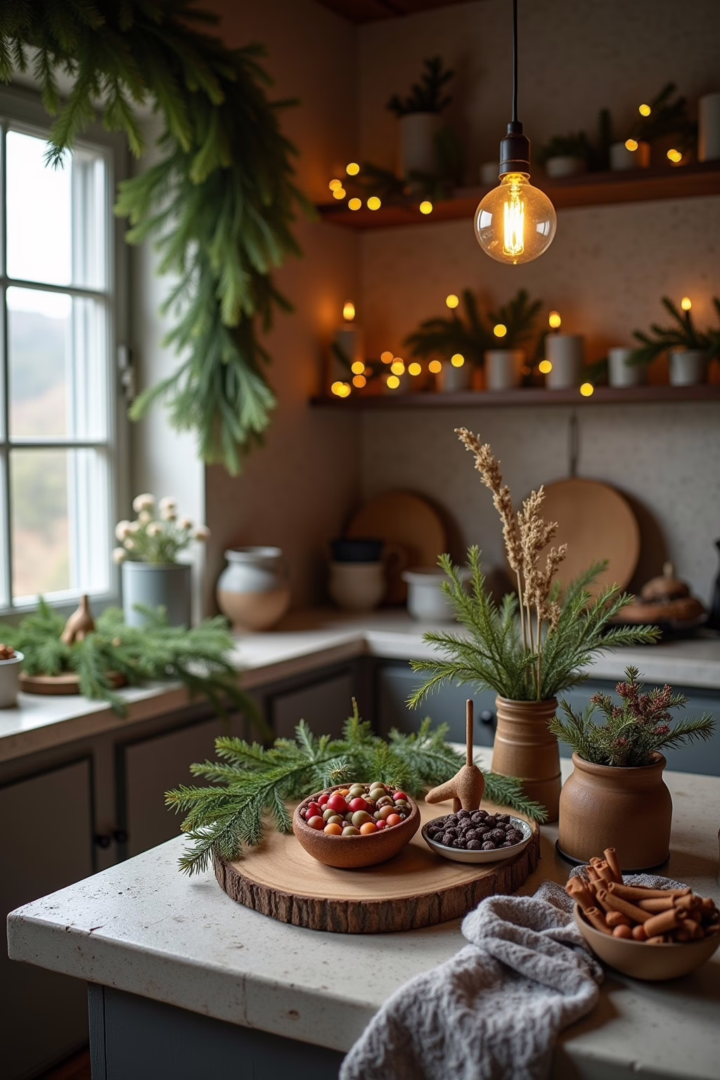 Küche weihnachtlich dekorieren – Esstisch mit Adventskranz und natürlichen Materialien