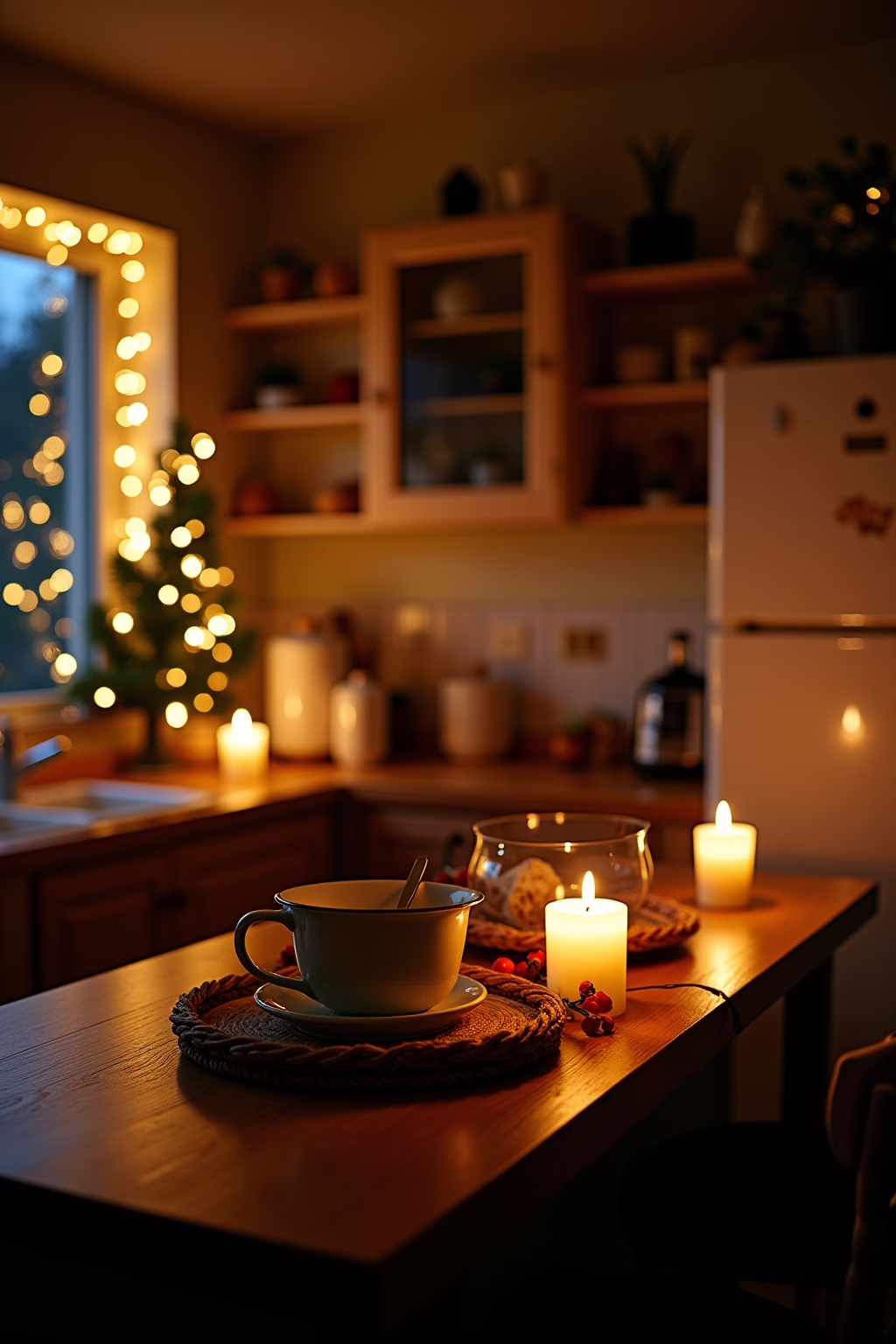 Küche weihnachtlich dekorieren – Kücheninsel mit LED-Lichterkette und Glasgefäßen