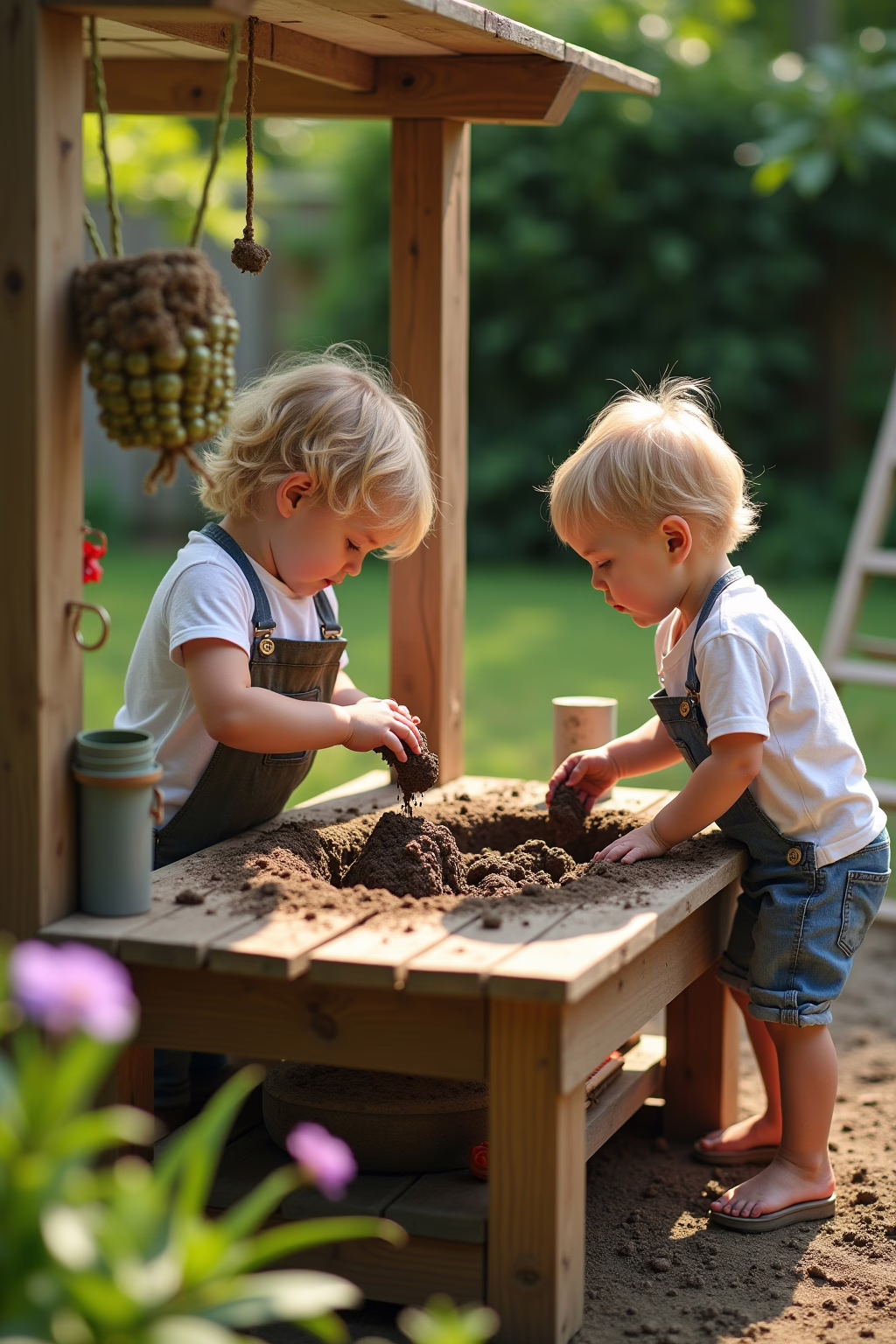 Matschküche im Garten mit spielenden Kindern