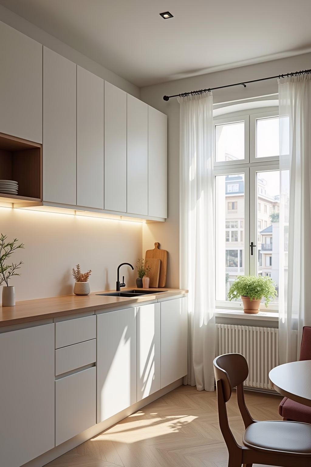 Minimalistische Einrichtung für kleine offene Wohnküchen