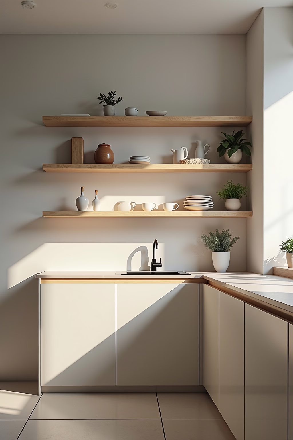 Minimalistisch dekorierte offene Küchenregale