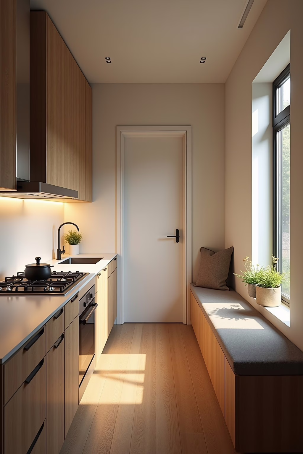 Fensterbank als Sitzplatz in schmaler Küche