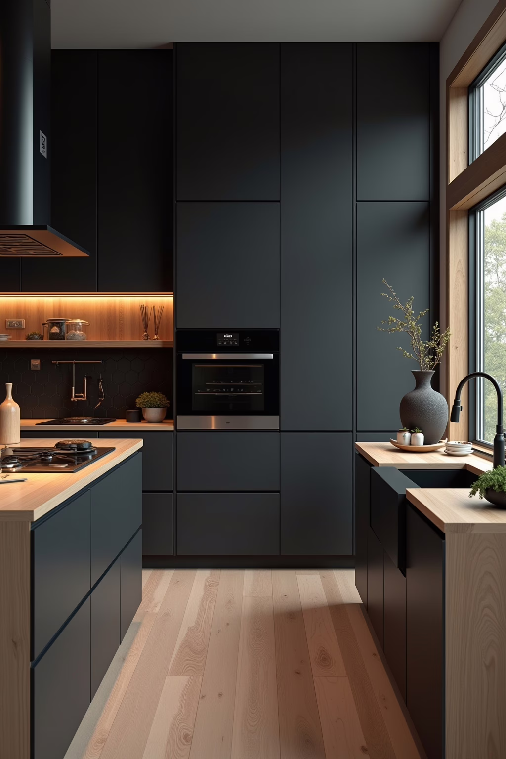 Materialkontraste schwarze Küche Holz