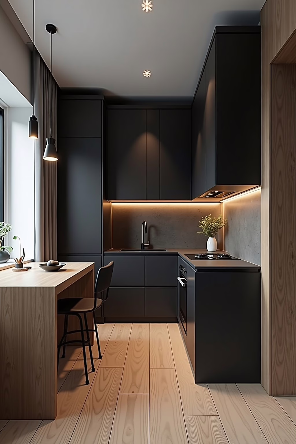 Kleine schwarze Küche mit Holz