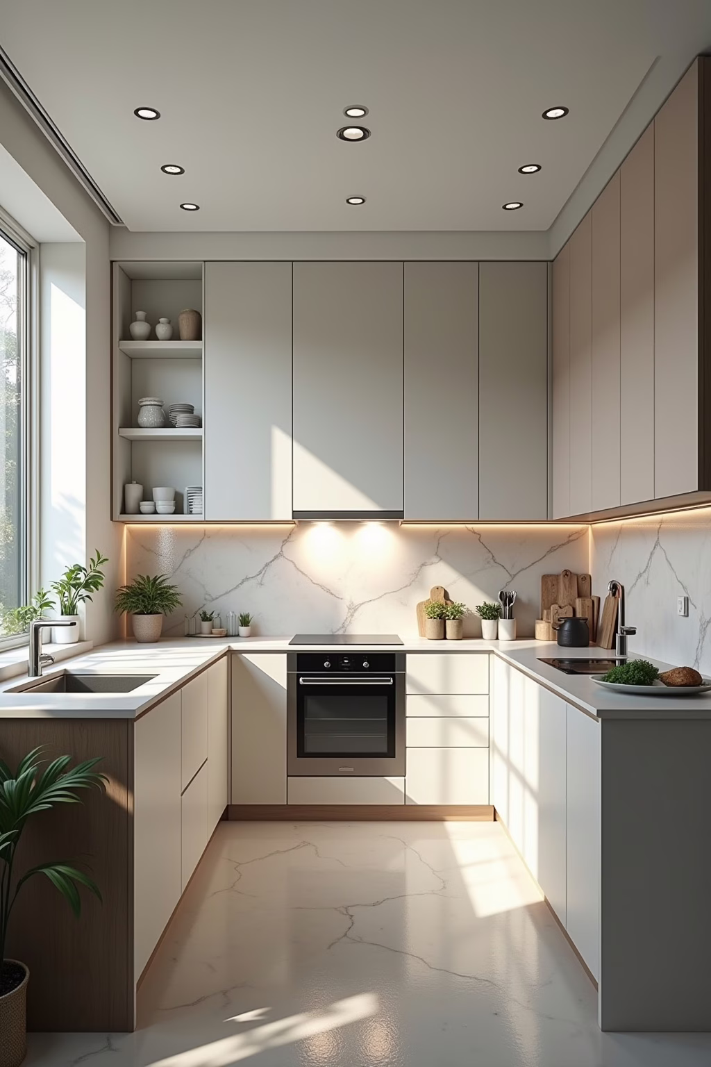 U-Küche in hellem Design mit drei Arbeitszonen
