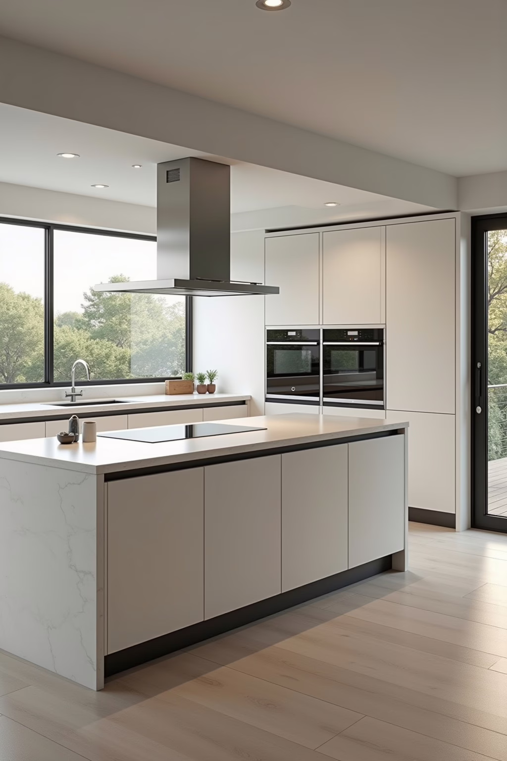 Moderne U-Küche mit Materialmix aus Holz und matten Fronten