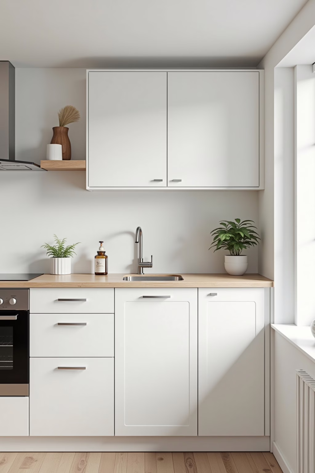 Weiße Küche mit Holzarbeitsplatte im modernen Design